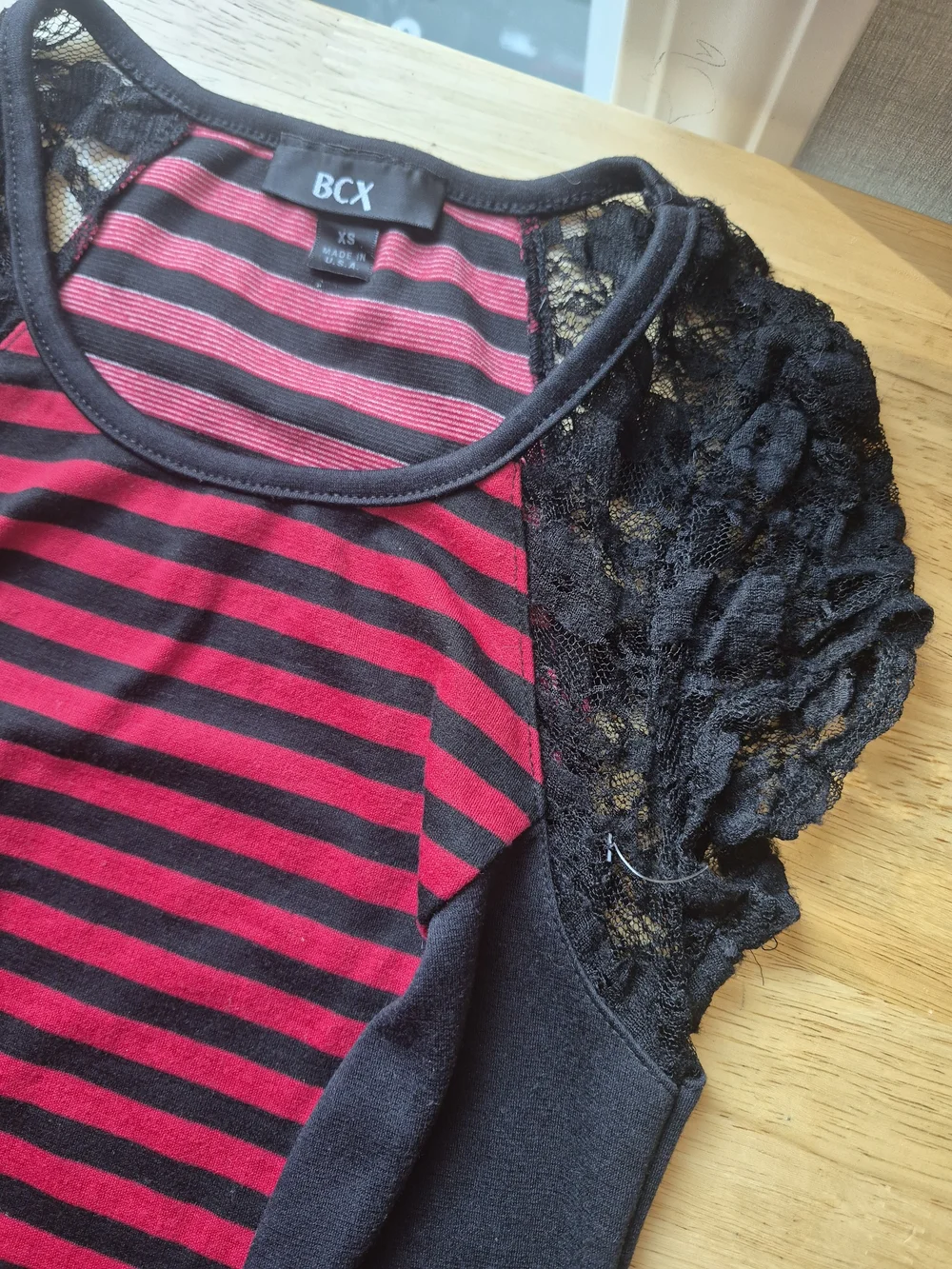 BCX Black and Red Striped Lace-Sleeve Dress
